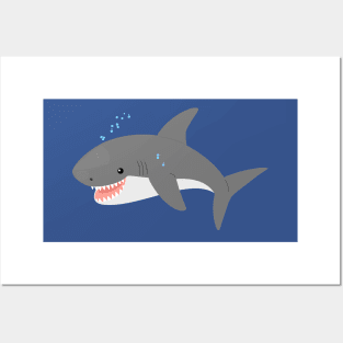 Great white shark happy cartoon illustration Posters and Art